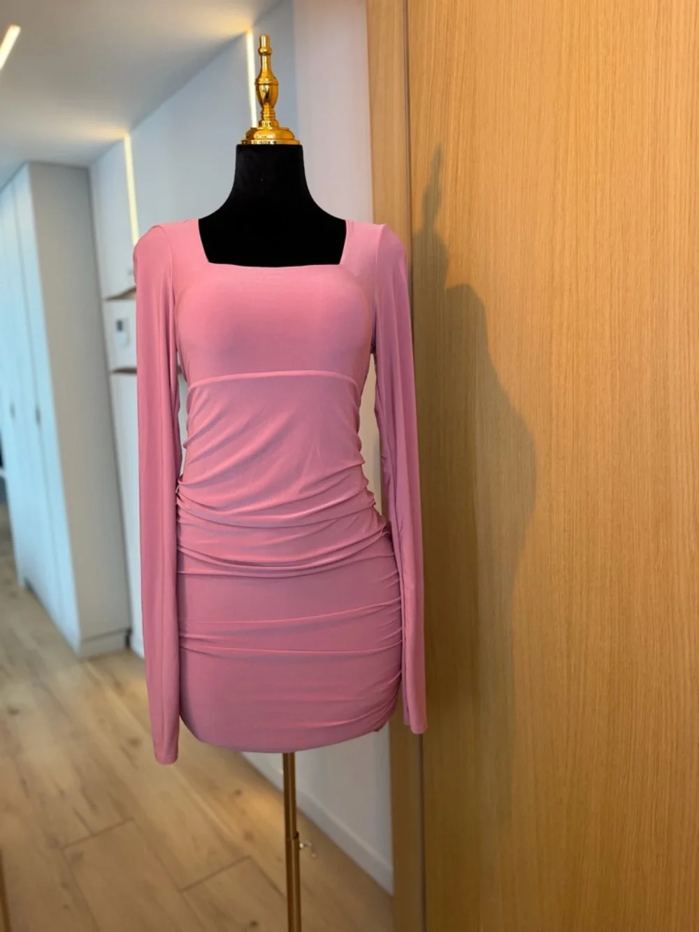 Club London Rose Pink Ruched Long Sleeve Mini Dress | Sculpted Muse - Picture 2 of 6
